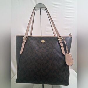 Coach Peyton Brown/Tan Coated Signature Zip Tote W/ Beige Lining And Handles